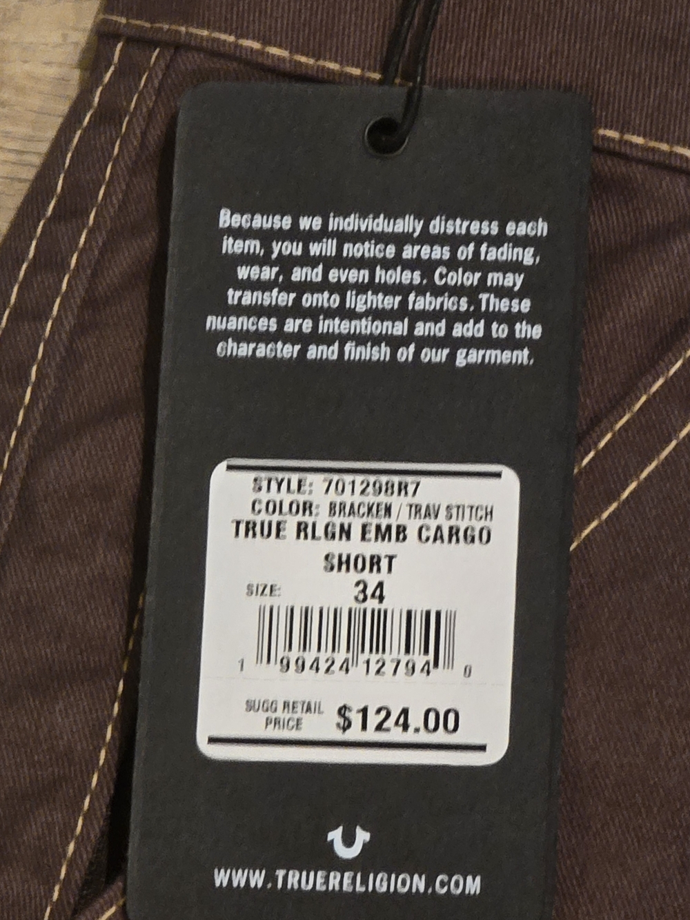 True Religion Cargo Shorts 34 Bracken Brown White Contrast Stitch Y2K Streetwear - Picture 7 of 9